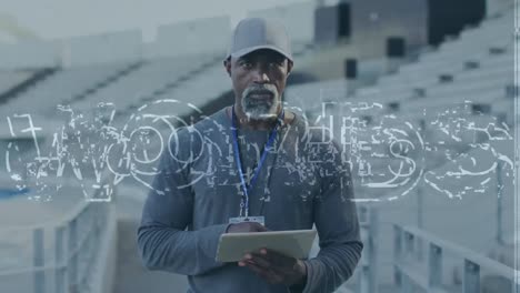 Animation-of-good-vibes-text-over-african-american-male-coach-with-tablet