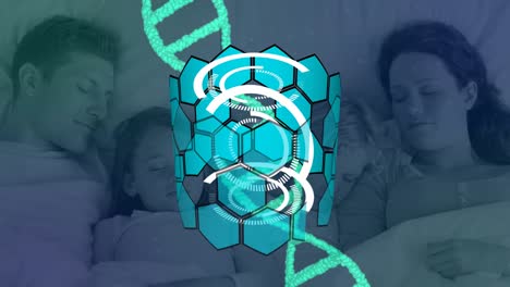 Animation-of-circles-and-dna-strand-spinning-over-parents-with-children-sleeping-in-bed