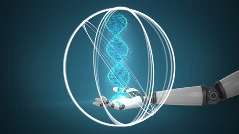 Animation-Eines-DNA-Strangs-Und-Weißer-Kreise-über-Dem-Arm-Des-Roboters