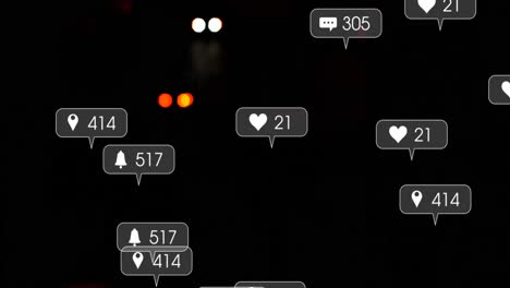 Animation-of-social-media-icons-and-numbers-over-out-of-focus-city-and-car-lights