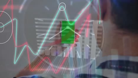 Animation-of-statistics-processing-over-man-using-smartphone-with-green-screen