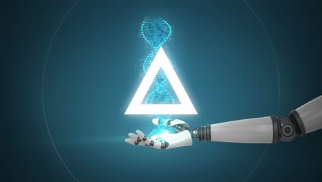 Animation-Eines-Dreiecks-Und-Eines-DNA-Strangs,-Der-Sich-über-Den-Arm-Des-Roboters-Dreht