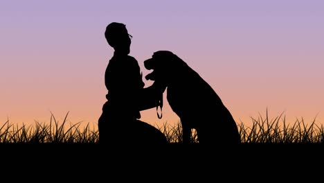 Animation-of-silhouetted-pet-dog-with-owner-kneeling-in-grass-over-sunset-sky