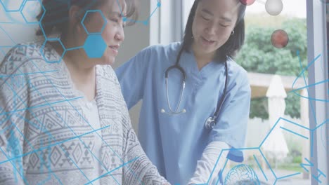 Animation-of-medical-data-processing-over-senior-patient-and-smiling-asian-female-doctor
