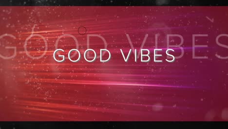 Animation-of-good-vibes-text-in-white-with-flashing-circles-over-rainbow-streaks-on-red-background