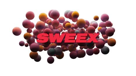 Animation-of-sweet-text-in-red,-with-red-and-yellow-spheres-on-white-background