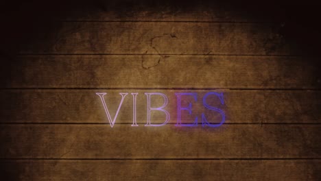 Animation-of-vibes-text-in-pink-and-blue-neon,on-wooden-decking-boards