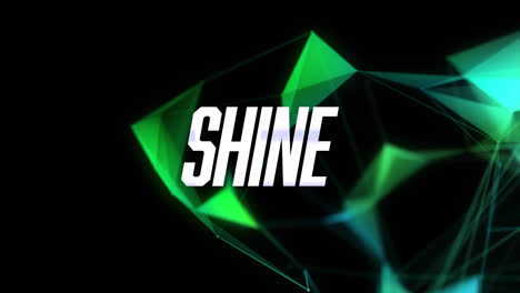 Animation-of-shine-text-in-white,-with-glitches-over-network-of-green-shapes,-on-black