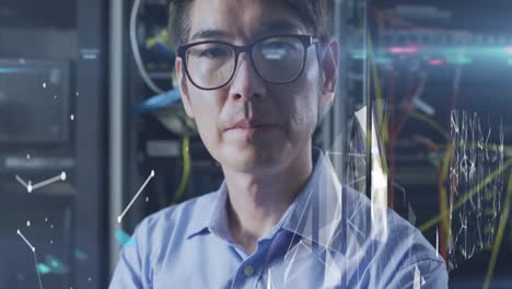Animation-of-data-over-portrait-of-asian-male-it-engineer-by-computer-server