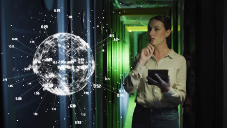 Animation-of-globe-of-connections-over-caucasian-female-it-engineer-with-tablet-by-computer-server