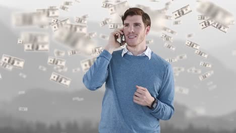 Animation-of-american-dollars-falling-over-worried-caucasian-businessman-with-smartphone