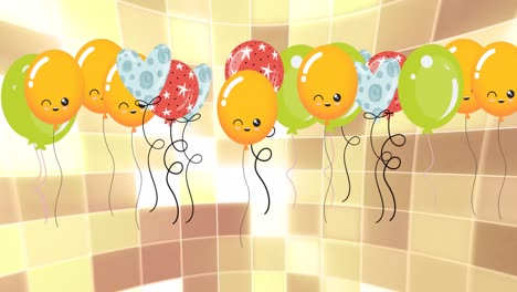 Animation-of-colorful-party-balloons-over-flashing-brown-and-yellow-lights