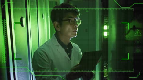 Animation-of-data-over-asian-male-it-engineer-with-tablet-by-computer-server