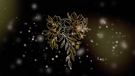 Animation-Von-Goldenen-Blumen-Und-Flackernden-Lichterketten-über-Schnee,-Der-Auf-Schwarzem-Hintergrund-Fällt