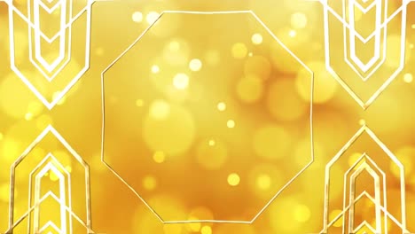 Animation-of-gold-kaleidoscopic-shapes-over-yellow-bokeh-light-spots-light-on-orange-background