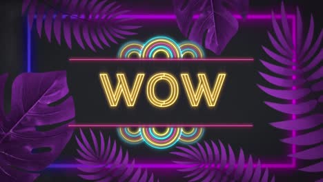 Animation-Von-Wow-Text-In-Gelbem-Neon-Mit-Rahmen-Aus-Violetten-Blättern,-Auf-Schwarzem-Hintergrund