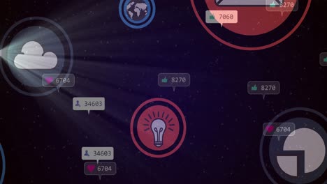 Animation-of-social-media-icons-and-numbers-over-glowing-lights-in-background