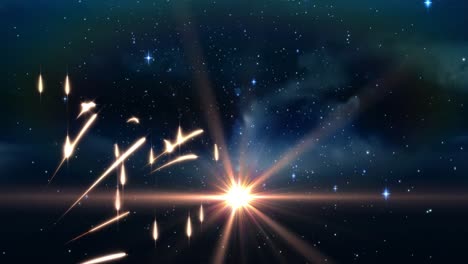 Animation-of-new-year-fireworks-and-moving-light-on-night-sky-background