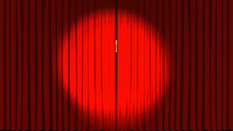 Animation-of-gold-ribbon-and-red-curtain-over-snow-falling-on-black-background