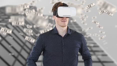 Animation-of-american-dollars-falling-over-caucasian-businessman-with-vr-headset