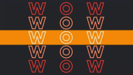 Animation-of-wow-text-in-red-and-orange,-with-orange-stripe-and-flashes-of-colour-on-dark-background