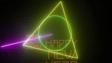 Animation-of-happy-new-year-text-in-red-with-colourful-neon-shapes-rotating-on-black-background