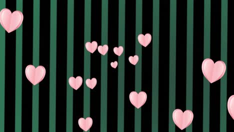Animation-of-pink-hearts-moving-over-green-stripes-on-black-background