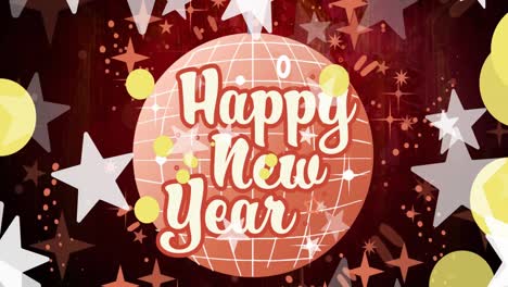 Animation-of-happy-new-year-text-in-white,-with-stars-over-pink-mirror-ball-on-dark-red-background