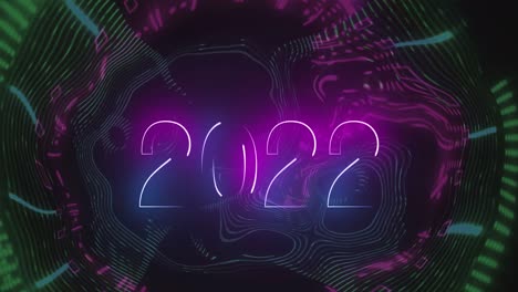 Animation-of-2022-text-in-glowing-blue-and-pink-over-wavy-lines-on-black-background