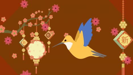 Animation-of-illustration-of-hummingbird-with-cherry-blossom-and-chinese-lanterns,-on-brown