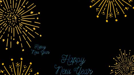 Animation-of-happy-new-year-text-in-blue-with-yellow-fireworks-on-black-background