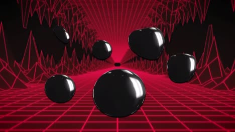 Animation-Glänzender-Schwarzer-Formen,-Die-Sich-über-Eine-Leuchtend-Rote-Gitterlandschaft-Bewegen,-Die-Sich-Auf-Schwarzem-Hintergrund-Bewegt