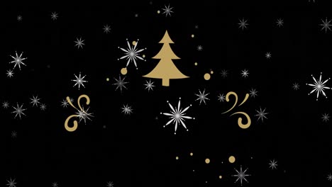 Animation-of-gold-christmas-tree-and-white-snowflakes-on-black-background