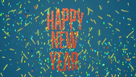 Animation-of-happy-new-year-text-in-orange-over-colourful-confetti-on-blue-background