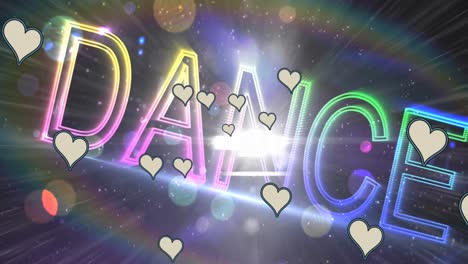 Animation-of-hearts-over-neon-dance-text-and-spots-of-light-in-background