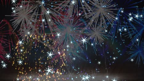 Animation-of-white-stars-falling-over-colourful-christmas-and-new-year-fireworks