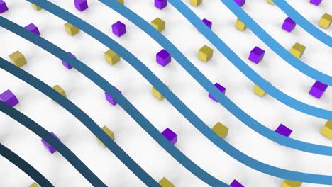 Animation-of-blue-parallel-wavy-stripes-over-yellow-and-purple-cubes-moving-on-white-background