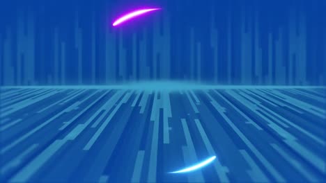 Animation-Der-Verarbeitung-Von-Neon-Rundscannern-über-Blauen-Lichtern,-Die-Sich-Auf-Blauem-Hintergrund-Bewegen