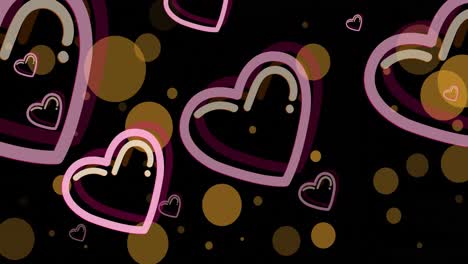 Animation-of-pink-hearts-moving-over-glowing-spots-on-black-background