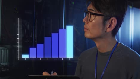 Animation-of-statistics-over-asian-male-it-engineer-with-clipboard-by-computer-server