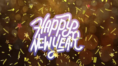 Animation-of-happy-new-year-text-in-white-and-purple-with-gold-confetti-and-stars-on-dark-background