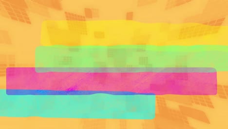 Animation-Von-Blauen,-Rosa,-Grünen-Und-Gelben-Bändern-über-Sich-Bewegenden-Orangefarbenen-Quadraten-Und-Rechtecken-Auf-Orange