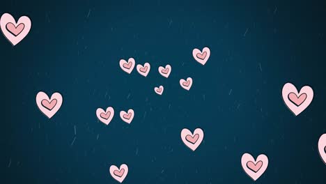Animation-of-pink-hearts-moving-over-snow-falling-on-blue-background