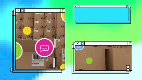 Animation-of-digital-icons,-data-processing-and-stacks-of-cardboard-boxes