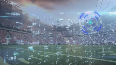 Animation-of-scanner-and-lights-on-server-processing-data-over-grass-pitch-at-sports-stadium