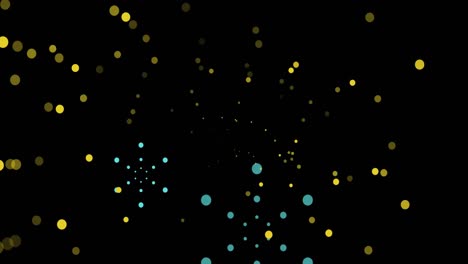 Animation-Von-Blauen-Feuerwerksexplosionen-Und-Gelben-Bokeh-Lichtflecken-Auf-Schwarzem-Hintergrund