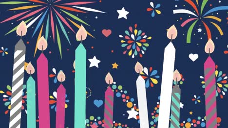 Animation-of-gold-christmas-candles-and-new-year-fireworks-on-dark-blue-background