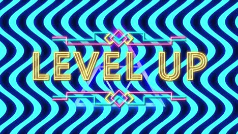 Animation-of-level-up-text-yellow-neon-over-blue-and-black-curved-stripes