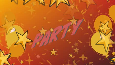 Animation-of-party-text-in-pink,-with-yellow-stars-and-balloons-on-orange-background