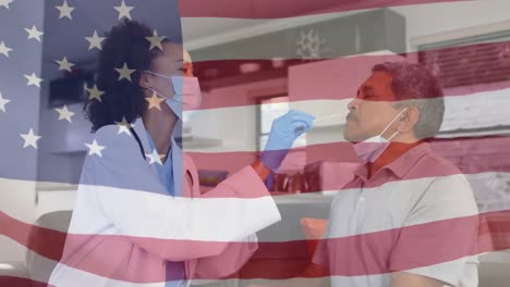 Animation-of-flag-of-america-with-female-doctor-in-face-mask-swab-testing-male-patient-for-covid